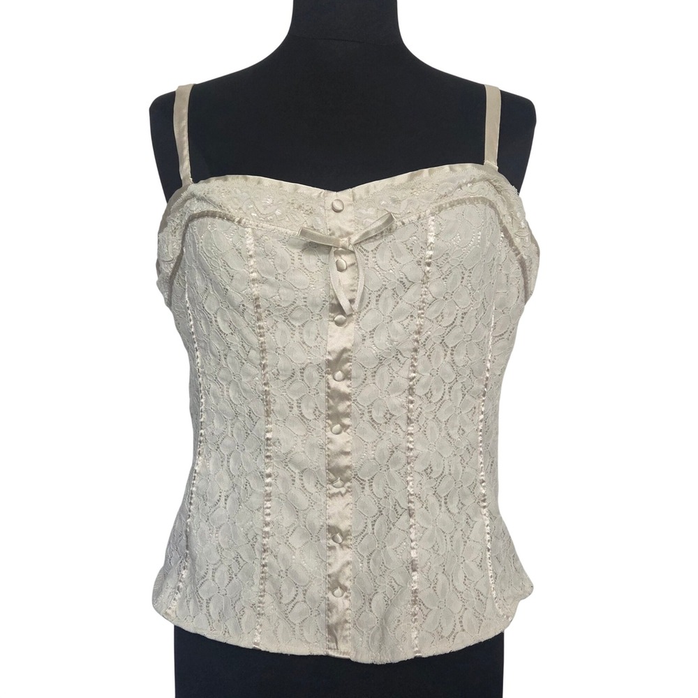 Apt. 9 Ivory Satin Lace Corset Style Cami Tank Top Y2K Coquette Smocked Back XL